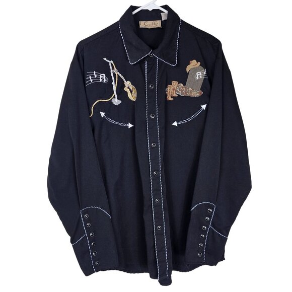 Scully Western Rockabilly Shirt M Black Embroidered Skeleton Guitar Pearl Snap - Picture 1 of 9